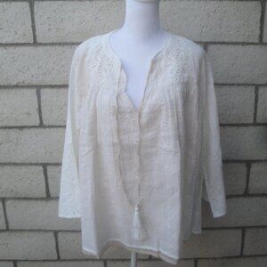 NEW Shabby Chic Women's Size XL Cotton Peasant Blouse Cream Eyelet Long Sleeve